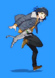 Rule 34 | 1boy, absurdres, black pants, blue background, blue jacket, brown footwear, contemporary, from side, green eyes, grey cat, hashibira inosuke, highres, jacket, kimetsu no yaiba, leg up, long hair, looking at viewer, male focus, open clothes, open jacket, open mouth, pants, shadow, shinishi chiho, shirt, shoes, signature, simple background, smile, solo, yellow shirt