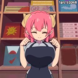 Rule 34 | 1girl, animated, apron, blush, bouncing breasts, breasts, cleavage, closed eyes, collared shirt, denim, dragon girl, dragon horns, gradient hair, horns, huge breasts, ilulu (maidragon), jeans, kobayashi-san chi no maidragon, long hair, looping animation, multicolored hair, pants, parted lips, red hair, shirt, shirt tucked in, solo, tagme, twintails, twistedgrim, video