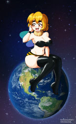 Rule 34 | 1girl, absurdres, antennae, arthropod girl, bee girl, bee wings, black bra, black thighhighs, blonde hair, blush, bra, breasts, cleavage, collaboration, dakunart, danmakuman, earth (planet), earth day, giant, giantess, highres, insect girl, insect wings, large breasts, mely, monster girl, open mouth, original, panties, planet, smile, solo, space, stinger, striped clothes, striped panties, thick eyebrows, thighhighs, underwear, wings, yellow panties