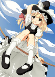 Rule 34 | 1girl, arm up, blonde hair, bloomers, bow, broom, broom riding, cloud, date (senpen), day, dutch angle, female focus, from below, full body, hair bow, hand on headwear, hat, kirisame marisa, looking down, mary janes, open mouth, outdoors, shoes, sidesaddle, sky, socks, solo, touhou, underwear, white bloomers, white socks, witch hat, yellow eyes