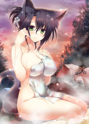 Rule 34 | 1girl, adjusting hair, animal ears, black hair, blush, breasts, collarbone, covering privates, fang, green eyes, hand on own chest, hanpen (hannpenn2), impossible towel, large breasts, looking at viewer, naked towel, nude, nude cover, onsen, original, sitting, soaking feet, solo, steam, tail, towel, updo
