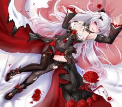 Rule 34 | 1girl, absurdres, black thighhighs, breasts, cleavage, copyright request, flower, highres, honkai (series), honkai impact 3rd, large breasts, long hair, luo tian er, red eyes, red flower, red rose, rose, solo, theresa apocalypse, theresa apocalypse (luna kindred), theresa apocalypse (lunar vow: crimson love), thighhighs, vampire, white hair
