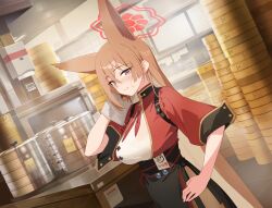 Rule 34 | 1girl, absurdres, animal ears, artist request, black skirt, blue archive, blurry, blurry background, blush, breasts, brown hair, card, chinese clothes, colored inner hair, crossed bangs, dress, fox ears, game cg, halo, hand on own hip, highres, holster, indoors, jacket, kitchen, large breasts, light brown hair, looking at viewer, multicolored hair, necktie, non-web source, official art, pantyhose, purple eyes, red halo, red jacket, red necktie, rumi (blue archive), see-through, see-through shirt, shirt, shoulder holster, side slit, skirt, smile, solo, sweat, sweatdrop, towel, turtleneck, turtleneck dress, wet, wet clothes, wet shirt, white towel, wiping sweat