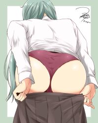 Rule 34 | 1girl, ass, border, brown skirt, clothes pull, green border, highres, kantai collection, long sleeves, outside border, panties, pleated skirt, purple panties, shirt, signature, skirt, skirt pull, solo, suzuya (kancolle), twitter username, underwear, wedgie, white shirt, yua (checkmate)