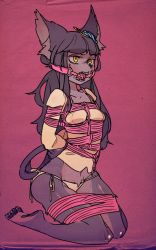 Rule 34 | 1girl, ball gag, bdsm, cat, furry, furry female, gag, gagged, idkuroi, long hair, noire kooshe, original, purple hair, shibari, solo, yellow eyes