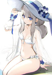 Rule 34 | 1girl, arm support, asicah, blue eyes, blue flower, bra, breasts, commentary, earrings, feet out of frame, fingerless gloves, flower, gloves, grey hair, hand on headwear, hat, hat flower, highres, jewelry, light blush, long hair, looking at viewer, navel, original, panties, ponytail, see-through, shirt, simple background, sitting, small breasts, smile, solo, stomach, sun hat, symbol-only commentary, thighs, underwear, white background, white bra, white flower, white gloves, white hat, white panties, white shirt