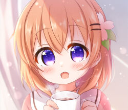 Rule 34 | 1girl, :d, araki495, blush, brown hair, cardigan, commentary request, cup, curtains, gochuumon wa usagi desu ka?, hair between eyes, hair ornament, hairclip, hands up, holding, holding cup, hoto cocoa, long sleeves, mug, open mouth, pink cardigan, puffy long sleeves, puffy sleeves, purple eyes, revision, sailor collar, sleeves past wrists, smile, solo, steam, upper body, white sailor collar