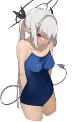Rule 34 | 1girl, black halo, black ribbon, blue archive, blue one-piece swimsuit, breasts, collarbone, commentary request, hair over one eye, hair ribbon, halo, highres, iori (blue archive), long hair, medium breasts, one-piece swimsuit, open mouth, pisuta (yamashiro), pointy ears, red eyes, ribbon, simple background, solo, swimsuit, tail, thighs, white background, white hair