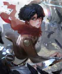 Rule 34 | 1girl, artist name, black eyes, black feathers, black hair, blouse, breasts, brown jacket, commentary, cropped jacket, dual wielding, eyelashes, feathers, freckles, hair between eyes, highres, holding, jacket, lips, looking to the side, medium breasts, mikasa ackerman, no gloves, parted lips, pink lips, realistic, red scarf, resolution mismatch, scarf, shingeki no kyojin, shirt, short hair, solo, source smaller, standing, sword, teemu taiga, teeth, twitter username, weapon, white shirt