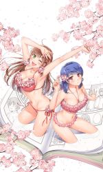 Rule 34 | 1boy, 2girls, ahoge, armpits, bandeau, bikini, blue hair, breasts, brown hair, cherry blossoms, cleavage, comic, domestic na kanojo, flower, from above, fujii natsuo, green eyes, hair flower, hair ornament, halterneck, highres, layered bikini, looking at viewer, multiple girls, official art, petals, pink bikini, red bikini, red eyes, sasuga kei, side-tie bikini bottom, swimsuit, tachibana hina, tachibana rui, white background