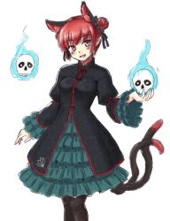 Rule 34 | 1girl, adapted costume, alternate hairstyle, animal ears, black dress, black pantyhose, cat ears, cat girl, cat tail, double bun, dress, extra ears, flaming skull, frilled dress, frills, green dress, hair bun, isaki (gomi), juliet sleeves, kaenbyou rin, layered dress, long sleeves, looking at viewer, multiple tails, open mouth, pantyhose, pointy ears, puffy sleeves, red eyes, red hair, smile, solo, tail, touhou, two tails, wide sleeves