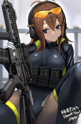 Rule 34 | 1girl, ammunition pouch, black leotard, black thighhighs, blurry, blurry background, breasts, brown hair, closed mouth, commentary request, commission, depth of field, ear protection, eyewear on head, feet out of frame, gloves, gun, hair between eyes, headset, holding, holding gun, holding weapon, knee up, leotard, long hair, looking at viewer, medium breasts, orange-tinted eyewear, original, pouch, purple eyes, scope, skeb commission, solo, sunao (70 the), thank you, thighhighs, tinted eyewear, translation request, weapon, weapon request, white gloves