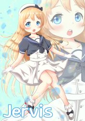 Rule 34 | 1girl, blonde hair, blue background, blue eyes, blue sailor collar, character name, dress, full body, gloves, hat, highres, itachikko, jervis (kancolle), kantai collection, long hair, looking at viewer, open mouth, sailor collar, sailor dress, sailor hat, short sleeves, solo, teeth, upper teeth only, white dress, white gloves, white hat, zoom layer