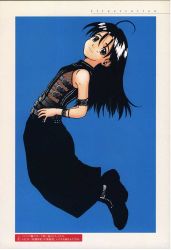 Rule 34 | 1girl, ahoge, black hair, blue background, full body, hands on own hips, long hair, simple background, smile, solo, wang-pac