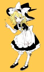 Rule 34 | 1girl, apron, black footwear, black hat, bloomers, bow, braid, commentary request, earrings, full body, grin, hair bow, hat, hat bow, jewelry, kirisame marisa, leaning forward, long hair, mozukuzu (manukedori), shoes, short sleeves, simple background, single braid, smile, socks, solo, star (symbol), star earrings, touhou, underwear, white bow, white socks, witch hat, yellow background
