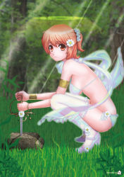Rule 34 | 1girl, armlet, bikini, blurry, blush, bracelet, breasts, brown eyes, brown hair, commentary, depth of field, forest, grass, halo, high heels, jewelry, knife, large breasts, legs, looking at viewer, nature, orange hair, original, outdoors, red hair, reverse grip, scarf, shoes, short hair, solo, squatting, swimsuit, thighhighs, tomizawa jun, underboob, weapon, white footwear, white thighhighs