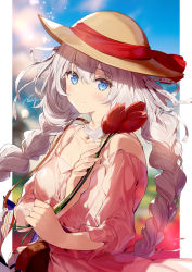 Rule 34 | 1girl, bag, bare shoulders, blue eyes, blue sky, blush, braid, breasts, cleavage, closed mouth, collarbone, dress, fate/grand order, fate (series), hat, highres, long hair, long sleeves, looking at viewer, marie antoinette (fate), medium breasts, necomi, official alternate costume, pink dress, shoulder bag, signature, silver hair, sky, smile, sun hat, twin braids, very long hair