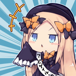 Rule 34 | +++, 1girl, abigail williams (fate), beni shake, black bow, black dress, black hat, blonde hair, blue eyes, blush stickers, bow, chibi, commentary request, dress, fate/grand order, fate (series), hair bow, hands in opposite sleeves, hat, long hair, long sleeves, looking at viewer, lowres, orange bow, parted bangs, parted lips, polka dot, polka dot bow, sash, solo, translation request, triangle mouth, v-shaped eyebrows, very long hair