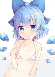 Rule 34 | 1girl, :o, ahoge, animal print, bare shoulders, bikini, blue bow, blue eyes, blue hair, blush, bow, breasts, cirno, coa (chroo x), collarbone, commentary request, cow print, ice, ice wings, looking at viewer, navel, parted lips, print bikini, short hair, simple background, small breasts, solo, swimsuit, touhou, upper body, white background, white bikini, wings