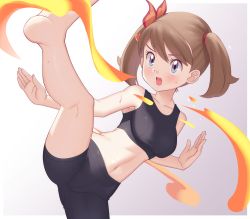 Rule 34 | 1girl, alternate color, barefoot, bike shorts, blue eyes, blush, border, breasts, brown hair, cameltoe, collarbone, commentary request, creatures (company), eyelashes, game freak, gazing eye, grey background, hair ornament, highres, leg up, may (pokemon), may (sygna suit) (pokemon), midriff, navel, nintendo, official alternate costume, open mouth, pokemon, pokemon masters ex, solo, sports bra, sweat, tongue, twintails, white border