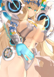 Rule 34 | 1girl, abs, absurdres, alternate color, armor, blonde hair, blue gloves, breasts, center opening, cleavage, barghest (fate), barghest (third ascension) (fate), fate/grand order, fate (series), gauntlets, gloves, green eyes, heterochromia, highres, large breasts, leotard, long hair, looking at viewer, muscular, muscular female, palette swap, pov, reaching, reaching towards viewer, shoulder armor, smile, udon party