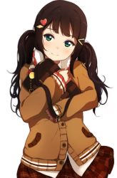 Rule 34 | 1girl, alternate hairstyle, bad id, bad pixiv id, bag, bag charm, black hair, brown cardigan, brown skirt, cardigan, charm (object), clenched hands, earmuffs, earmuffs around neck, green eyes, hair ornament, hairclip, heart, heart hair ornament, highres, icehotmilktea, kurosawa dia, long hair, love live!, love live! school idol festival, love live! sunshine!!, miniskirt, mole, mole under mouth, nervous smile, hugging object, pleated skirt, school bag, school uniform, simple background, skirt, sleeves past wrists, smile, solo, twintails, white background