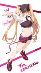 Rule 34 | 1girl, black nails, blonde hair, breasts, commentary request, full body, hat, heart, henken, highres, jacket, long hair, long sleeves, medium breasts, navel, one eye covered, original, pink eyes, shoes, shorts, sienna (henken), smile, sneakers, solo, standing, twintails, v