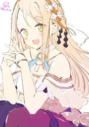 Rule 34 | 1girl, :d, absurdres, atelier (series), atelier ryza, atelier ryza 1, bad id, bad pixiv id, bare shoulders, blush, bow, braid, dated, green eyes, hair between eyes, hands up, highres, klaudia valentz, light brown hair, long hair, looking at viewer, minidraco, off-shoulder shirt, off shoulder, open mouth, own hands together, parted bangs, shirt, simple background, smile, solo, teeth, upper teeth only, very long hair, white background, white bow, white shirt