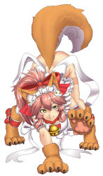 Rule 34 | 1girl, :3, all fours, animal ears, animal hands, apron, bell, breasts, cleavage, collar, fang, fate/grand order, fate (series), fox ears, fox tail, full body, gloves, hair ribbon, large breasts, long hair, looking at viewer, naked apron, neck bell, open mouth, paw gloves, paw shoes, pink hair, ribbon, shoes, simple background, solo, tail, tamamo (fate), tamamo cat (fate), tamamo cat (third ascension) (fate), tamamo no mae (fate/extra), white background, yellow eyes, yui sora
