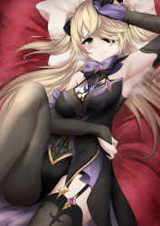 Rule 34 | 1girl, absurdres, armpits, arturaxia, bed sheet, black gloves, blonde hair, blush, bow, bowtie, breasts, bridal gauntlets, brooch, dress, elbow gloves, eyepatch, fischl (genshin impact), garter straps, genshin impact, gloves, green eyes, grey thighhighs, hand to forehead, highres, jewelry, leg up, leotard, long hair, looking at viewer, lying, medium breasts, on back, on bed, pantyhose, pillow, purple bow, single bridal gauntlet, single elbow glove, single leg pantyhose, solo, strapless, strapless dress, thighhighs, thighs, two side up, very long hair
