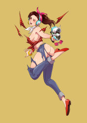 Rule 34 | 1girl, absurdres, aiming, aiming at viewer, ass, blush, bracelet, breasts, brown eyes, brown hair, charm (object), choker, cirenk, convenient censoring, cruiser d.va, curvy, d.va (overwatch), denim, dice, earrings, embarrassed, exploding clothes, from side, front-tie top, full body, gun, handgun, head scarf, headphones, highres, holding, holding gun, holding weapon, hoop earrings, jeans, jewelry, leg up, legs, lipstick, long hair, looking at viewer, looking to the side, makeup, medium breasts, midriff, nail polish, no bra, no panties, official alternate costume, one eye closed, open mouth, overwatch, overwatch 1, pants, pistol, plaid, plaid shirt, ponytail, red footwear, red lips, red nails, shirt, shoes, sideboob, simple background, solo, thighs, torn clothes, torn legwear, torn shirt, weapon, white choker