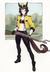 Rule 34 | 1girl, absurdres, animal ears, ankle boots, bayonet, black footwear, black gloves, black pants, black sports bra, boots, breasts, brown hair, byerley turk (umamusume), closed mouth, collarbone, commentary request, ear ornament, full body, gloves, gun, hat, highres, holding, holding gun, holding weapon, horse ears, horse girl, jacket, long sleeves, looking at viewer, midriff, navel, open clothes, open jacket, outside border, pants, pink eyes, scar, scar across eye, scarf, short hair, sidelocks, small breasts, solo, sports bra, standing, suspenders, tenkey2022, umamusume, weapon, white scarf, yellow hat, yellow jacket