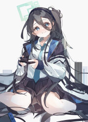 Rule 34 | 1girl, absurdres, aris (blue archive), black hair, black hairband, black skirt, blue archive, blue eyes, blue necktie, collared shirt, controller, dot nose, hair between eyes, hairband, halo, higa (gominami), highres, holding, holding controller, jacket, long hair, long hair between eyes, long sleeves, looking at viewer, necktie, nintendo switch, open clothes, open jacket, pleated skirt, shirt, side ponytail, sitting, skirt, smile, socks, solo, very long hair, white background, white jacket, white shirt, wing collar
