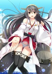 Rule 34 | 10s, 1girl, bad id, bad pixiv id, bare shoulders, black hair, blush, boots, brown eyes, detached sleeves, eko, hairband, haruna (kancolle), japanese clothes, kantai collection, long hair, looking at viewer, open mouth, outstretched arm, panties, pantyshot, ribbon-trimmed sleeves, ribbon trim, skirt, smile, solo, standing, striped clothes, striped panties, thigh boots, thighhighs, underwear, upskirt