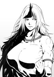 Rule 34 | 1girl, breasts, clenched hand, closed mouth, commentary request, expressionless, greyscale, horns, hoshiguma yuugi, huge breasts, long hair, looking to the side, minami koyogi, monochrome, muscular, muscular female, parted bangs, shirt, simple background, single horn, solo, touhou, upper body, white shirt