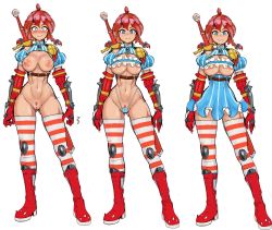 Rule 34 | 1girl, alternate costume, armor, blush, boots, breasts, breasts out, cleft of venus, freckles, functionally nude, highres, large breasts, nisetanaka, product girl, pubic hair, pussy, striped legwear, sword, weapon, wendy&#039;s, wendy (wendy&#039;s)