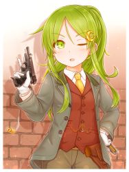 Rule 34 | 1girl, absurdres, alternate costume, alternate hairstyle, blush, brick wall, crescent, crescent hair ornament, crossdressing, gloves, green eyes, green hair, gun, hair ornament, hairclip, hand on own hip, handgun, highres, holding, holding gun, holding weapon, holster, jacket, kantai collection, long hair, long sleeves, nagatsuki (kancolle), necktie, one eye closed, open mouth, pants, ponytail, shell casing, shirt, smoke, solo, suzushiro (gripen39), tomboy, vest, weapon, white gloves, yellow necktie