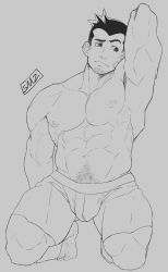 Rule 34 | 1boy, abs, ace attorney, arm behind head, armpits, bad id, bad pixiv id, bandaid, bara, boxers, bulge, dick gumshoe, facial hair, full body, goatee, greyscale, highres, kneeling, large pectorals, male focus, male underwear, mature male, monochrome, muscular, muscular male, navel, navel hair, nipples, pectorals, raised eyebrow, short hair, sideburns, solo, spiked hair, starchmonkeyzero, stomach, stubble, thick thighs, thighs, topless male, underwear, underwear only