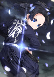 Rule 34 | 1girl, belt, belt buckle, black hair, black jacket, black pants, blue eyes, breasts, buckle, butterfly hair ornament, cloud, cloudy sky, commentary request, forehead, full moon, glint, hair ornament, highres, holding, holding sword, holding weapon, jacket, kanzaki aoi (kimetsu no yaiba), katana, kimetsu no yaiba, long sleeves, looking away, mad (hazukiken), moon, pants, parted bangs, parted lips, petals, sheath, sky, small breasts, solo, sweat, sword, twintails, unsheathing, weapon, white belt