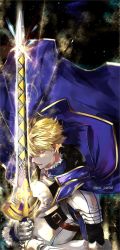 Rule 34 | 1boy, ahoge, armor, arthur pendragon (fate), blonde hair, capelet, closed eyes, collared shirt, excalibur (fate/prototype), fate/grand order, fate (series), fur collar, highres, holding, holding weapon, male focus, pvc parfait, shirt, weapon