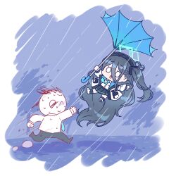 Rule 34 | 0 0, 1boy, 1girl, absurdly long hair, aris (blue archive), doodle sensei (blue archive), black hair, black hairband, black skirt, black socks, blue archive, blue necktie, blue umbrella, blush, chibi, collared shirt, dress shirt, flying sweatdrops, hair between eyes, hairband, highres, jacket, kaoling, long hair, long sleeves, necktie, one side up, open clothes, open jacket, parted lips, pleated skirt, puffy long sleeves, puffy sleeves, rain, running, sensei (blue archive), shirt, shoe soles, shoes, skirt, socks, tree, umbrella, very long hair, white footwear, white jacket, white shirt, wind