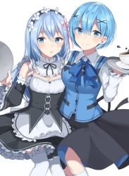 Rule 34 | 10s, 2girls, :o, alternate costume, apron, bad id, bad pixiv id, blue eyes, blue hair, blush, breasts, closed mouth, coffee cup, collar, commentary, cosplay, costume switch, crossover, cup, detached sleeves, disposable cup, frilled apron, frilled collar, frilled legwear, frilled sleeves, frills, gochuumon wa usagi desu ka?, hair between eyes, hair ornament, hair ribbon, highres, holding, holding tray, izumo neru, kafuu chino, kafuu chino (cosplay), kneehighs, large breasts, long hair, looking at viewer, maid, maid headdress, medium breasts, minase inori, multiple girls, parted lips, pink ribbon, rabbit house uniform, re:zero kara hajimeru isekai seikatsu, rem (re:zero), rem (re:zero) (cosplay), ribbon, saucer, short hair, simple background, smile, socks, spilling, sweatdrop, teacup, thighhighs, tray, voice actor connection, waist apron, white background, white legwear, wide sleeves, x hair ornament