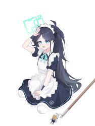 Rule 34 | 1girl, absurdres, apron, aqua ribbon, aris (blue archive), aris (maid) (blue archive), black dress, black hair, blue archive, blue eyes, blue halo, collared shirt, dot nose, dress, frilled apron, frilled dress, frills, hair intakes, halo, hand on own head, highres, kneeling, kurosti, light blush, long hair, maid, maid apron, maid headdress, neck ribbon, number print, official alternate costume, official alternate hairstyle, open mouth, pantyhose, parted bangs, ponytail, puffy short sleeves, puffy sleeves, ribbon, shirt, short sleeves, sidelocks, simple background, very long hair, white apron, white background, white pantyhose, white shirt, wrist cuffs