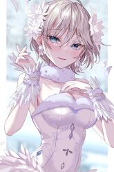 Rule 34 | 1girl, absurdres, anastasia (idolmaster), arm up, blue eyes, blue nails, blurry, blurry background, blush, border, breasts, choker, cleavage, collarbone, cowboy shot, day, dress, earrings, feather hair ornament, feathers, fingernails, fluffy collar, hair between eyes, hair ornament, hand on own chest, highres, idolmaster, idolmaster cinderella girls, jewelry, looking at viewer, medium breasts, nail polish, off-shoulder dress, off shoulder, open mouth, rum raisin (chihiromakita19), short hair, simple background, sleeveless, sleeveless dress, smile, solo, standing, white background, white border, white dress, white feathers, white hair, wrist cuffs