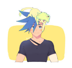 Rule 34 | 1boy, animal, animal on head, animalization, artist name, black shirt, blue eyes, blue hair, blush, cat, collarbone, commentary request, earrings, galo thymos, green cat, highres, jewelry, kome 1022, light smile, lio fotia, looking down, looking up, mohawk, multicolored eyes, on head, orange eyes, pink eyes, promare, shirt, short hair, short sleeves, sidelocks, simple background, single earring, smile, spiked hair, tongue, tongue out, upper body, whiskers, white background, yellow background
