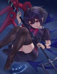 Rule 34 | 1girl, asymmetrical wings, black dress, black hair, black thighhighs, black wristband, blue wings, breasts, dress, highres, holding trident, houjuu nue, medium breasts, no shoes, pointy ears, polearm, red eyes, red wings, short dress, short hair, smile, snake, solo, thighhighs, touhou, trident, ufo, weapon, wings