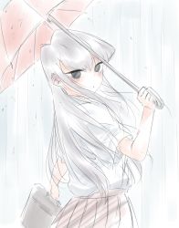 Rule 34 | 1girl, black eyes, black hair, highres, komi-san wa komyushou desu, komi shouko, long hair, looking at viewer, mitsugu, rain, school uniform, solo, umbrella, white background
