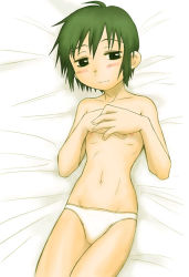 Rule 34 | 00s, 1girl, artist request, bed, blush, covering privates, covering chest, embarrassed, flat chest, green eyes, green hair, kino (kino no tabi), kino no tabi, lying, matching hair/eyes, nipples, panties, short hair, solo, tomboy, underwear