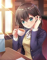 Rule 34 | 1girl, adjusting hair, aqua eyes, bad id, bad pixiv id, black hair, blazer, breasts, buttons, cup, diffraction spikes, hair between eyes, tucking hair, harimoji, holding, holding cup, jacket, long hair, long sleeves, looking at viewer, open mouth, original, school uniform, sitting, small breasts, smile, solo, sweater vest, teacup, window