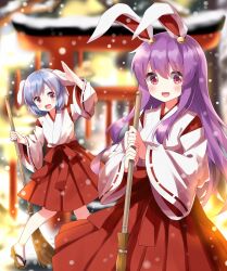 Rule 34 | 2girls, alternate costume, animal ears, arm up, blue hair, blurry, blurry background, blush, bow, breasts, broom, brown footwear, commentary request, detached sleeves, hair between eyes, hand up, hands up, highres, holding, holding broom, japanese clothes, lantern, long hair, long sleeves, looking at viewer, looking to the side, medium breasts, multiple girls, open mouth, paper lantern, pink eyes, purple hair, rabbit ears, rabbit girl, red bow, red eyes, red shirt, red skirt, reisen (touhou bougetsushou), reisen udongein inaba, ruu (tksymkw), sandals, shirt, short hair, sidelocks, skirt, smile, snow, snowing, socks, standing, tongue, torii, touhou, vest, white socks, white vest, wide sleeves, winter
